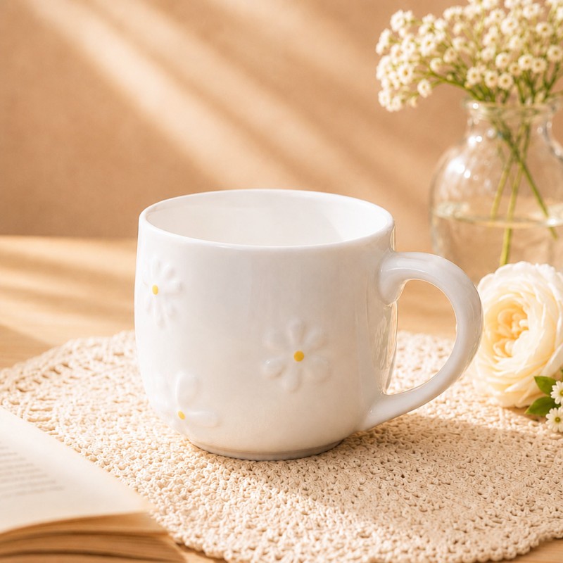 Caneca de café de cerâmica com margarida em relevo