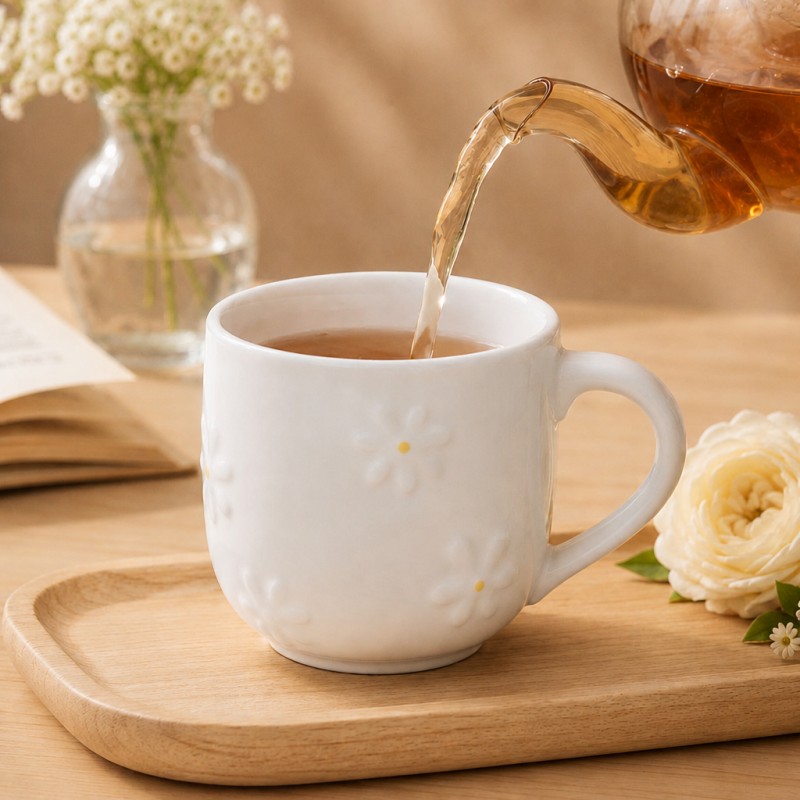Caneca de café de cerâmica com margarida em relevo