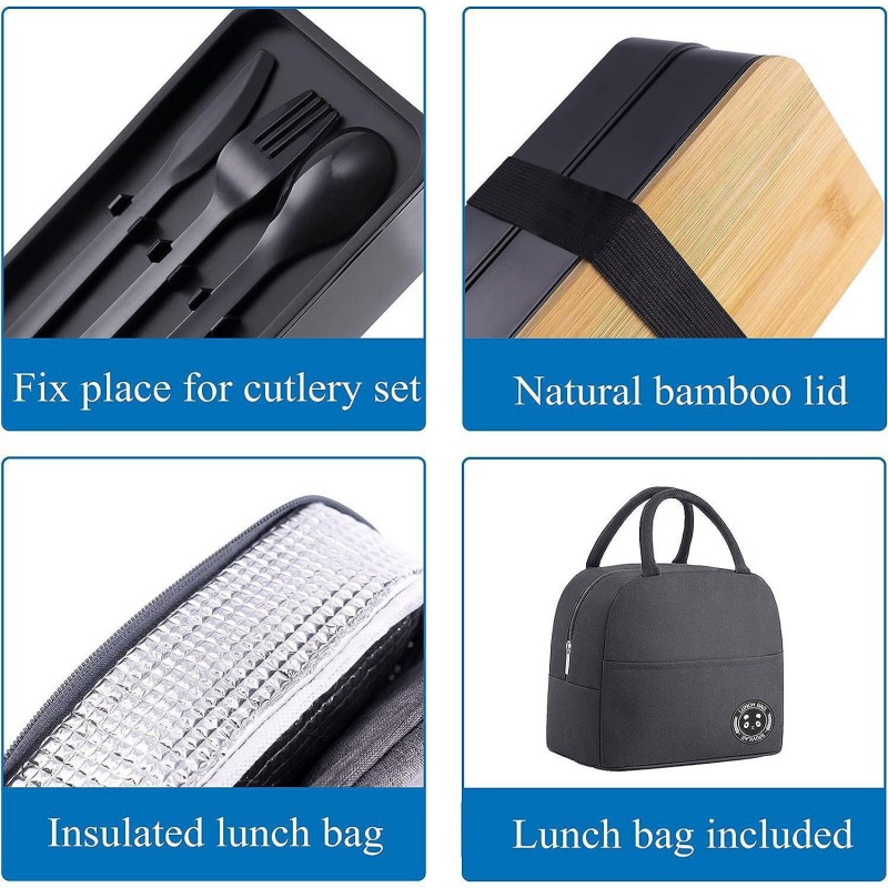 Conjunto de lancheira Bento com tampa de bambu de camada dupla