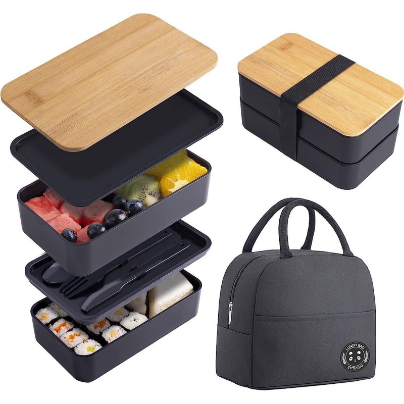 Conjunto de lancheira Bento com tampa de bambu de camada dupla