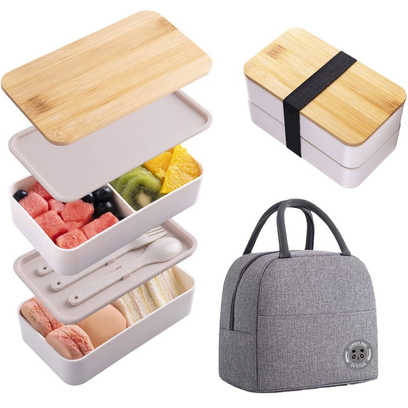 Conjunto de lancheira Bento com tampa de bambu de camada dupla