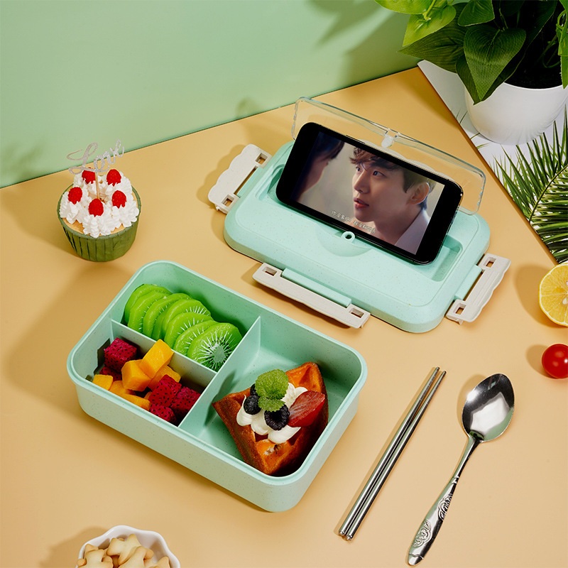 Caixa Bento de palha de trigo com talheres de aço inoxidável
