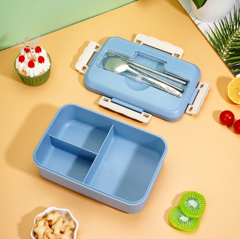 Caixa Bento de palha de trigo com talheres de aço inoxidável Caixa Bento de palha de trigo com talheres de aço inoxidável