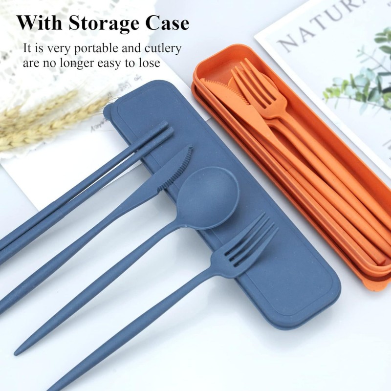 Conjunto de utensílios portáteis de palha de trigo com estojo de armazenamento