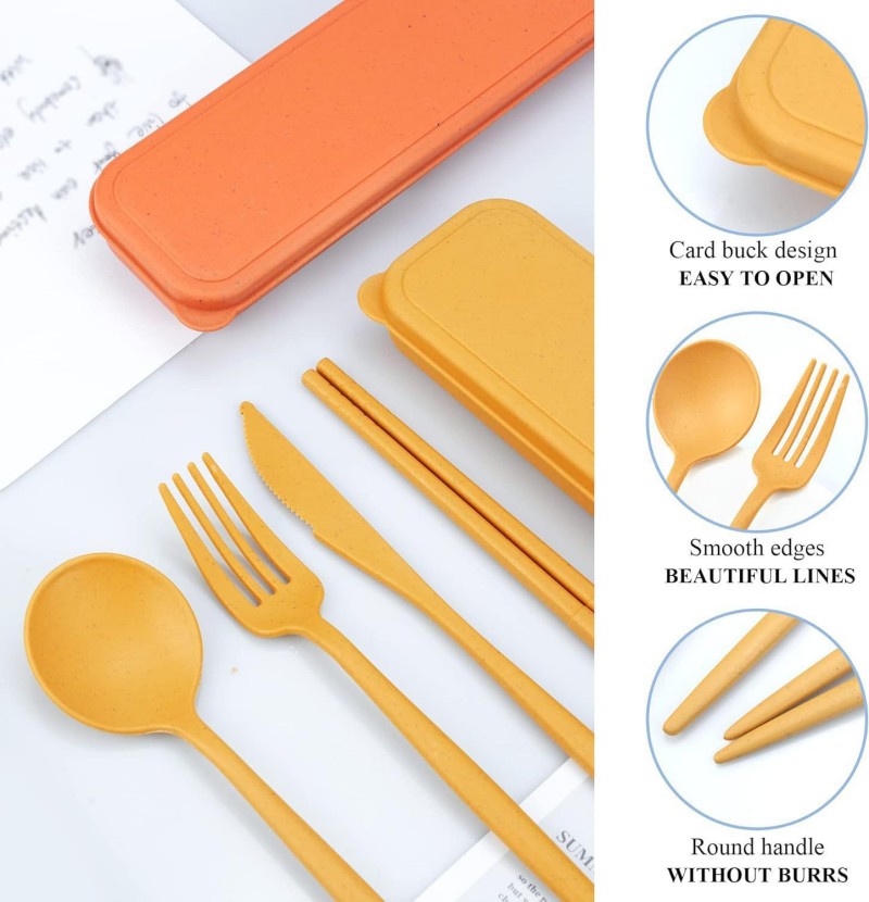 Conjunto de utensílios portáteis de palha de trigo com estojo de armazenamento Conjunto de utensílios portáteis de palha de trigo com estojo de armazenamento