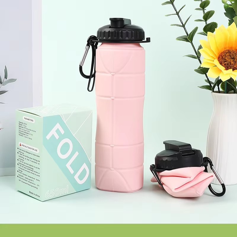 Garrafa de água esportiva portátil dobrável de silicone