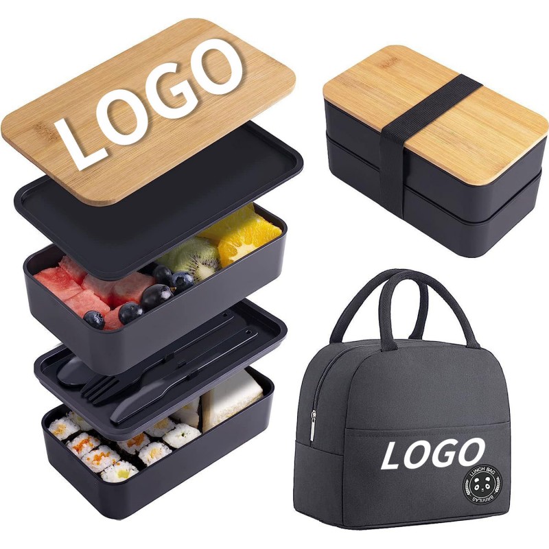 Conjunto de lancheira Bento com tampa de bambu de camada dupla