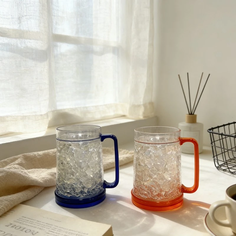 Caneca de cerveja de plástico com gelo falso de parede dupla