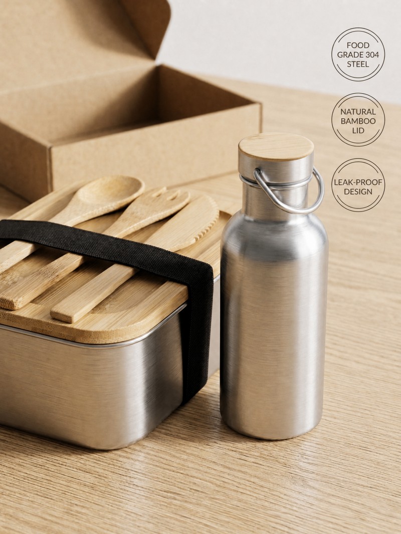 Conjunto de lancheira com tampa de bambu em aço inoxidável 304