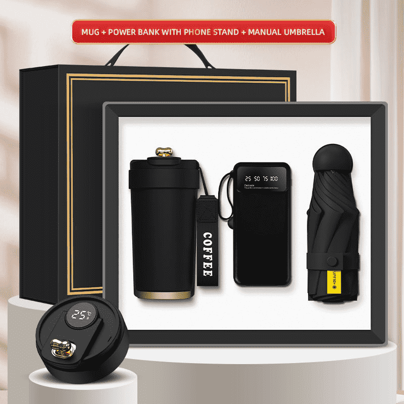 Logotipo personalizado 3 em 1 caixa de presente caneca power bank mini guarda-chuva
