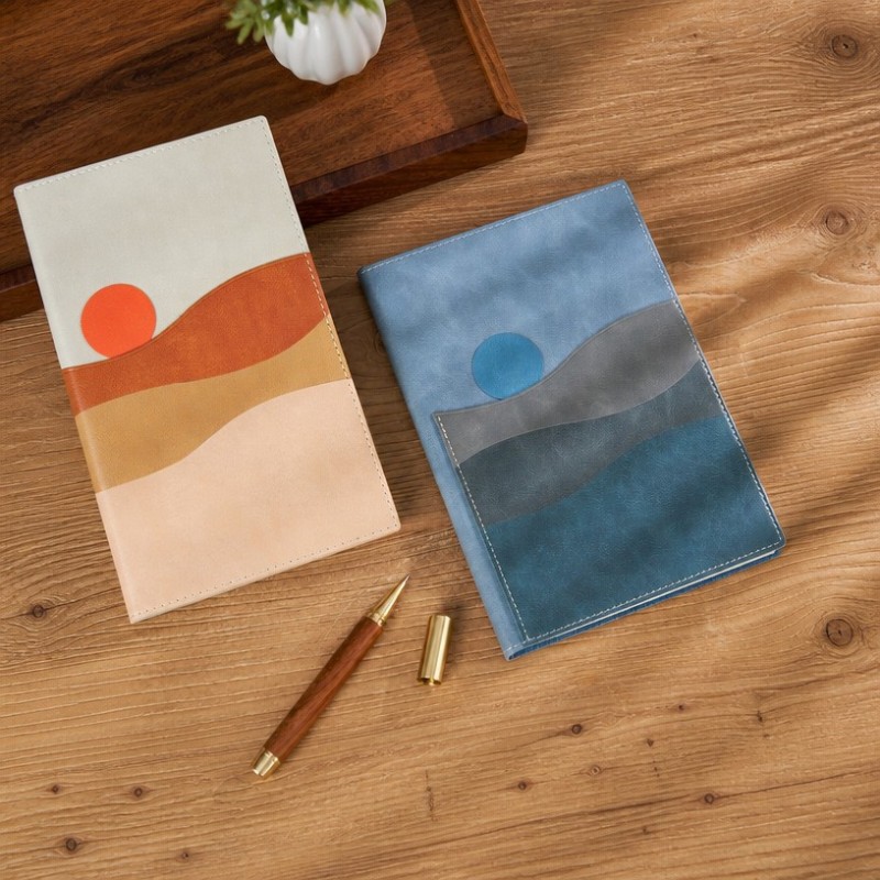 Caderno de diário de couro PU abstrato Mountain Sun Art