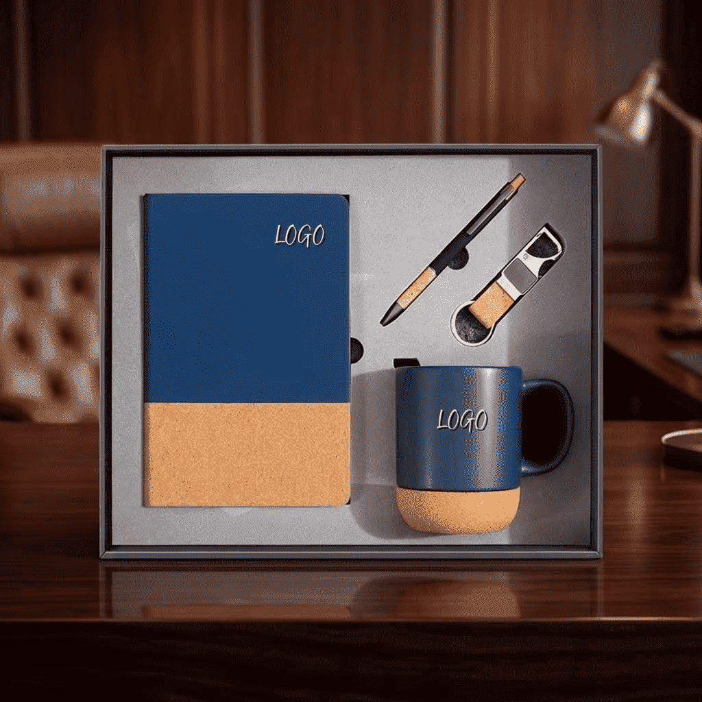 Conjunto de presentes corporativos premium com detalhes em cortiça