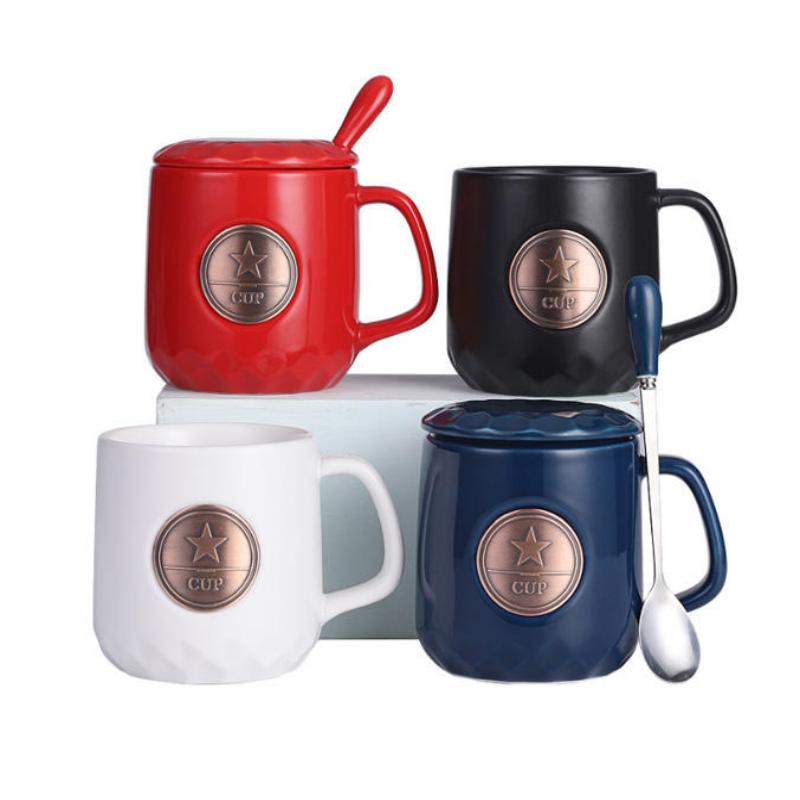 Caneca de café cerâmica do emblema 400ml do metal da estrela com tampa e colher