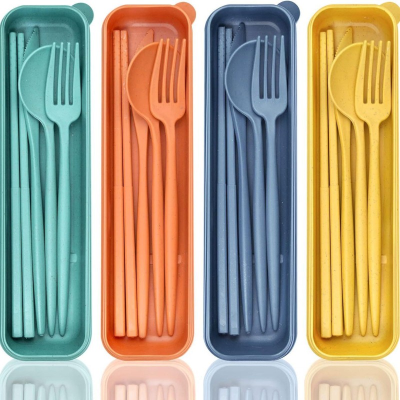 Conjunto de utensílios portáteis de palha de trigo com estojo de armazenamento Conjunto de utensílios portáteis de palha de trigo com estojo de armazenamento